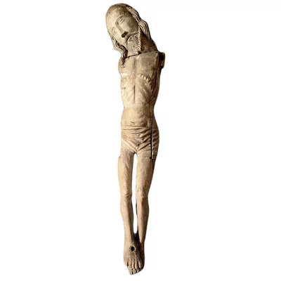 Triumphierender Christus Holzskulptur mit Polychromie. Gotischer Corpus Christi. Hauptansicht der Skulptur