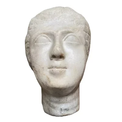 Ancient Greek marble head. Hellenistic period.  Arsinoe III Philopator Main view of the sculpture