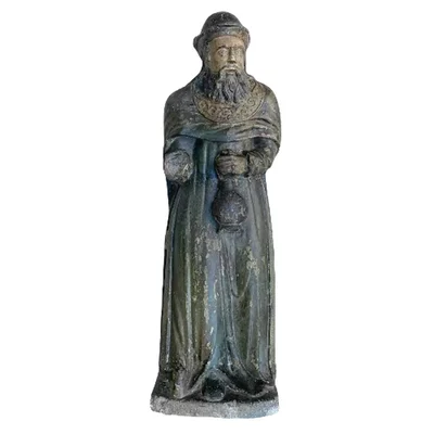 Polychrome stone figure. Pilgrim End of the Gothic period. Main view of the sculpture