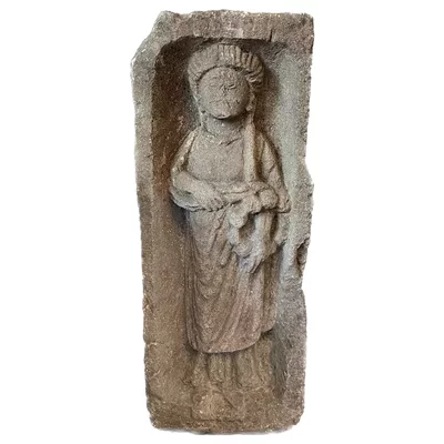 Merovingian late antiquity tombstone. Merovingian funerary art. Main view of the sculpture