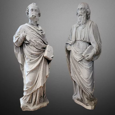 Gothic sculptures of the apostles Peter and Paul. Limestone statues. View number 1