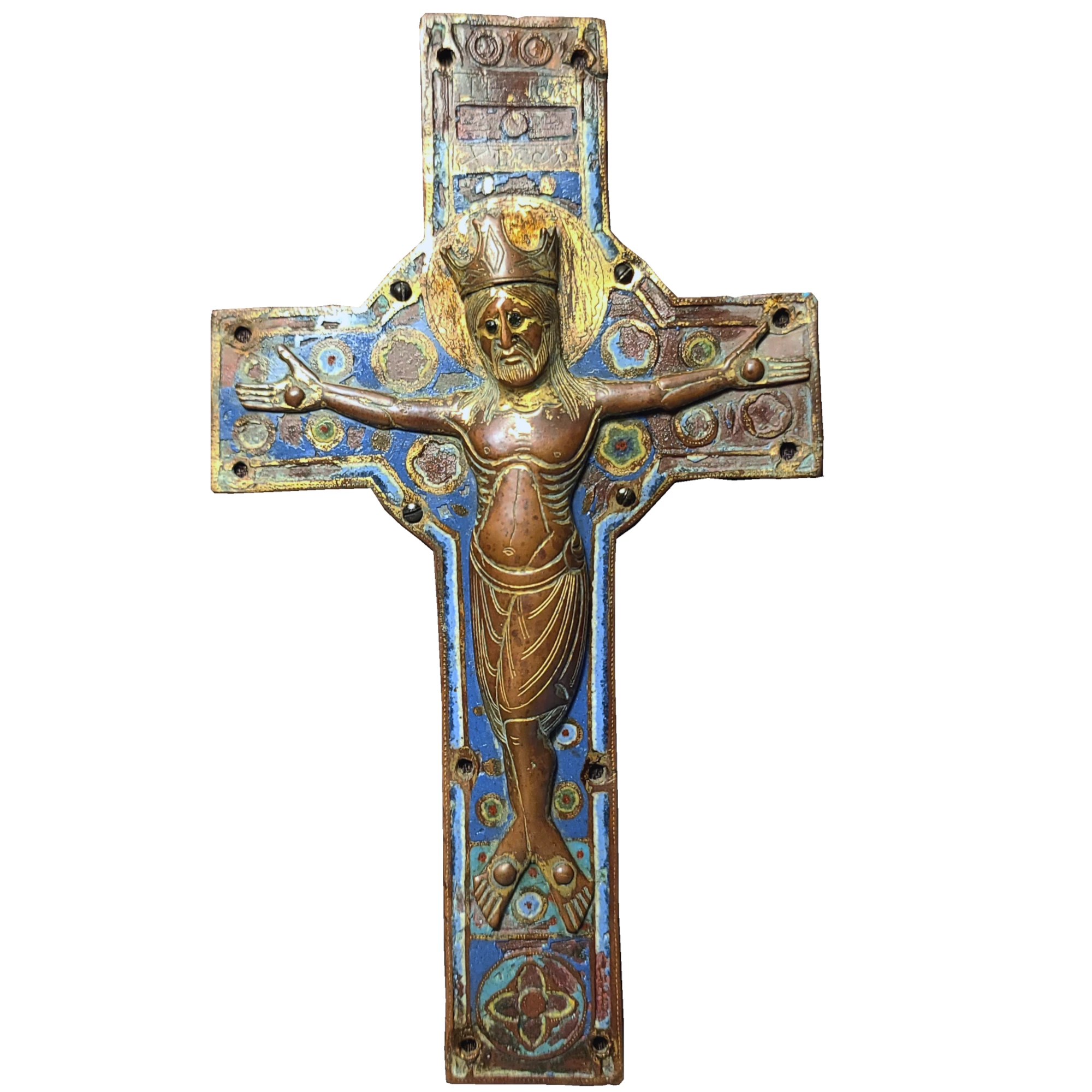Christ en cuivre champlevé émaillé et doré Limoges.